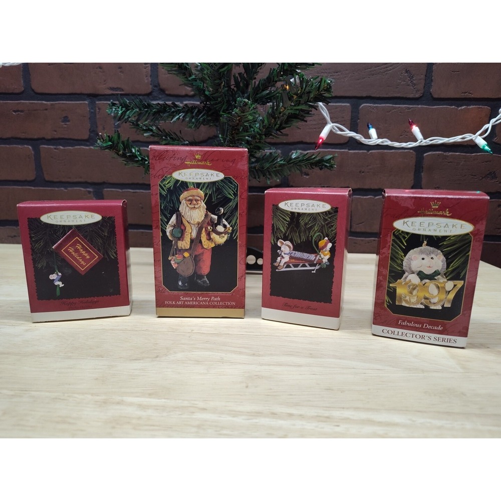 Vintage 4 Hallmark Keepsake Ornament Santa's Merry Path Folk art Hershey's